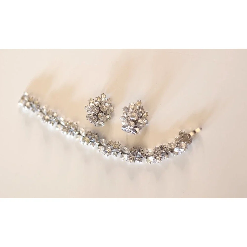 Vintage Trifari Bracelet Earrings Set Clear Rhinestone Set Silver Tone Art Deco